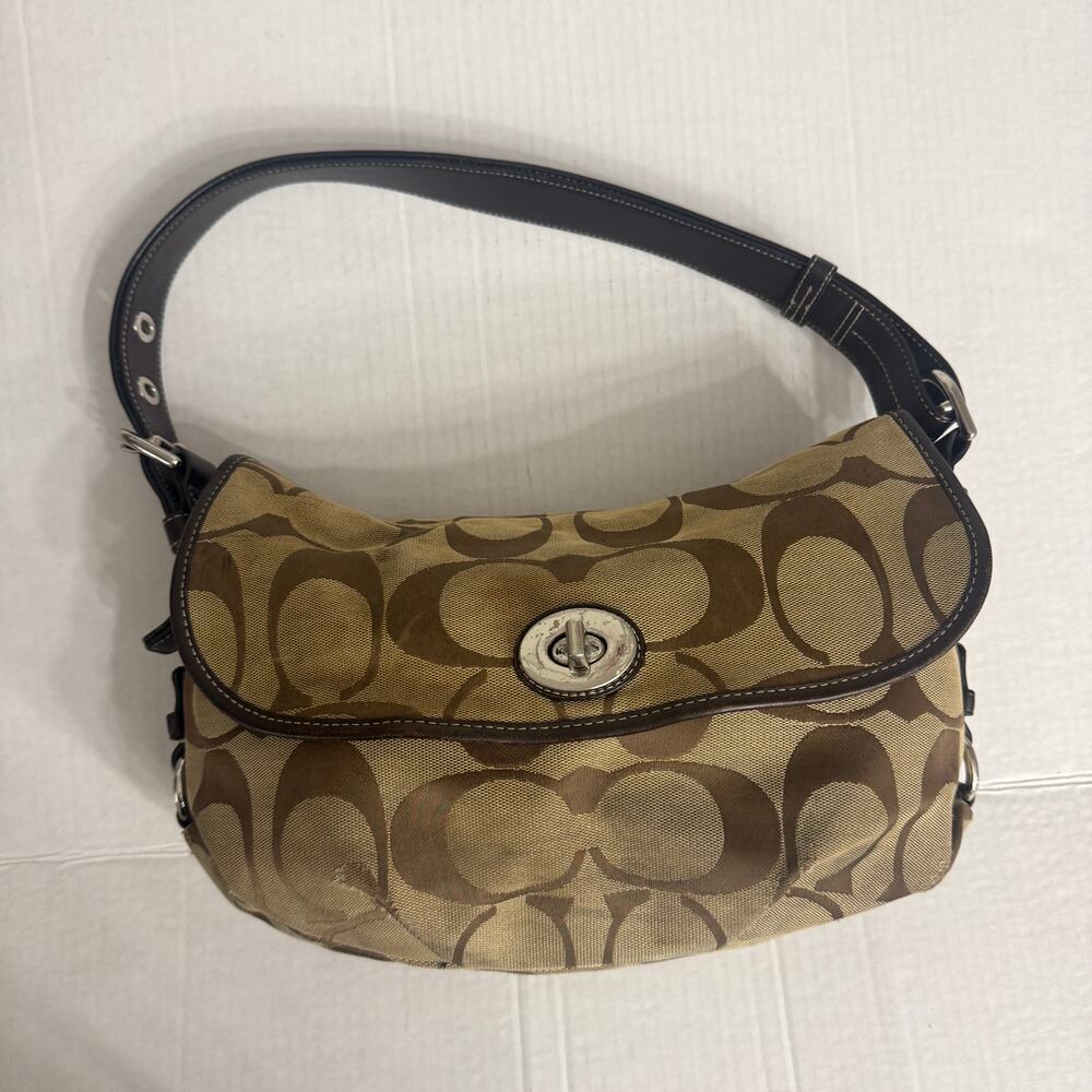 Coach Signature Jacquard Shoulder Bag Brown Tan Leather Trim Turnlock